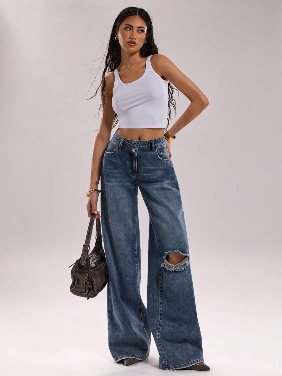SHEIN BAE Jeans larghi con strappi e tasche, casual e versatili, per l'estate da donna. Jeans da donna per abbigliamento western, vacanze estive, jeans ampi da donna, adatti per concerti.