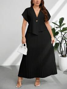 Firerie Plus Size Elegant Commuter Solid Color Batwing Sleeve Top And Pleated Skirt 2 Pieces Set