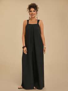 Travachic 大码女式休闲连体裤，带可调节肩带，蝴蝶结背部设计，口袋，宽松版型，适合夏季度假 - 黑色 - 查看 4