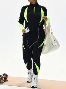 Rhythm Era Conjunto de 2 piezas talla grande: Sudadera de manga larga con agujero para el pulgar, Leggings ajustados de cintura alta, Diseño de parches neón Conjunto de ropa deportiva para mujeres