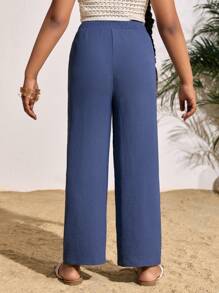 Tween Girls' Resort Casual Solid Color Woven Straight Leg Pants - Blue - View 2