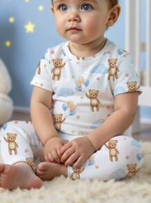 SHEIN Baby Boy Casual Cartoon Balloon & Teddy Bear Print Fitted Crew Neck Comfortable Short Sleeve Top And Pants Loungewear Set, Spring/Summer - Multicolor - View 2