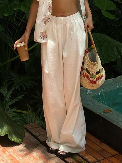 Livesso 女性時尚實穿純色寬鬆彈性腰寬褲