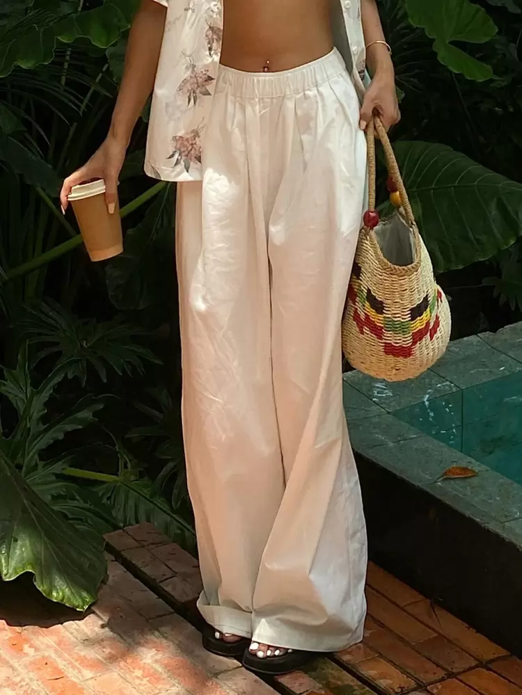 Women Fashionable Solid Loose Elastic Waist Wide Leg Long Pants