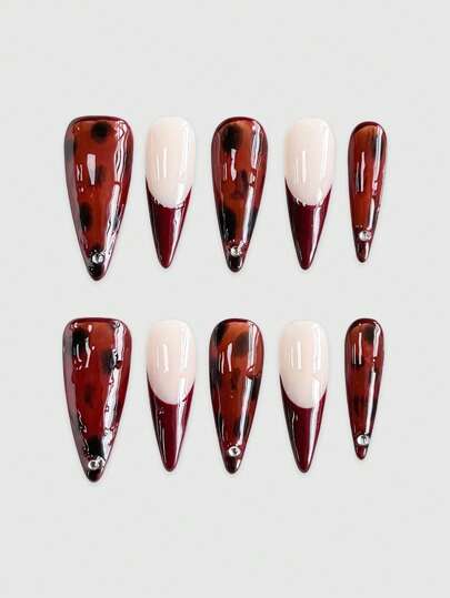 10pcs High Quality Rhinestone Leopard Print Handmade False Nails + 3pcs Double-Sided Adhesive, Y2K Gothic Leopard Print Nail Art, Removable And Reusable Nail Art Sticker, Suitable For Holidays, Parties, Dancing And Daily Wear, Halloween