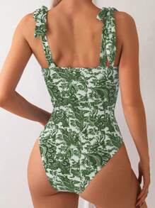 SHEIN Swim 1pc Women's Vacation Beach All-Over Print Tankini Swimsuit For Summer - Green - View 2