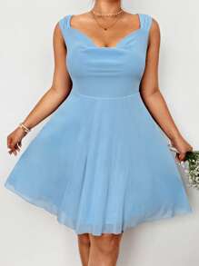 Flirla 大码女式优雅轻质网眼 V 领收腰短款无袖连衣裙 - 淺藍色 - 查看 1