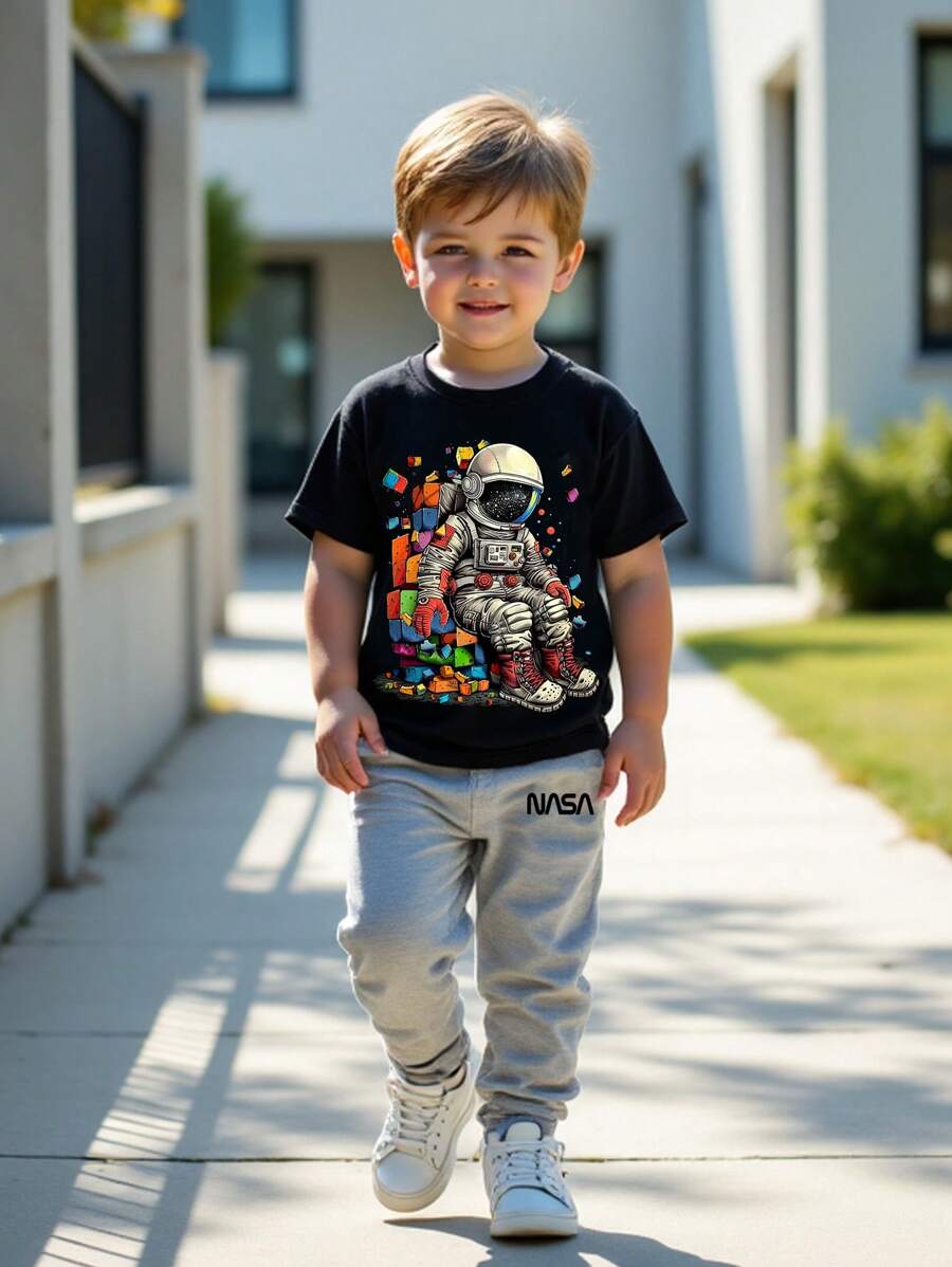 SHEIN 2 件套年轻男孩休闲卡通熊图案圆领短袖 T 恤和裤子套装 - 彩色 - 查看 1