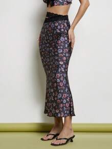 COSMINA Falda larga con encaje con estampado floral diminuto elegante para mujer, para primavera/verano
