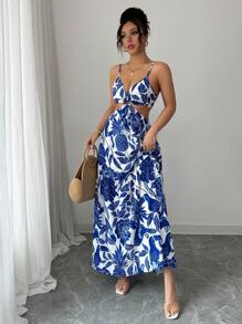 Elenzga 女士印花修身腰线无袖中长休闲/工作连衣裙