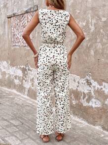 SHEIN LUNE 女士优雅度假豹纹露背无袖连体裤，抽绳腰带，休闲款 - 彩色 - 查看 2