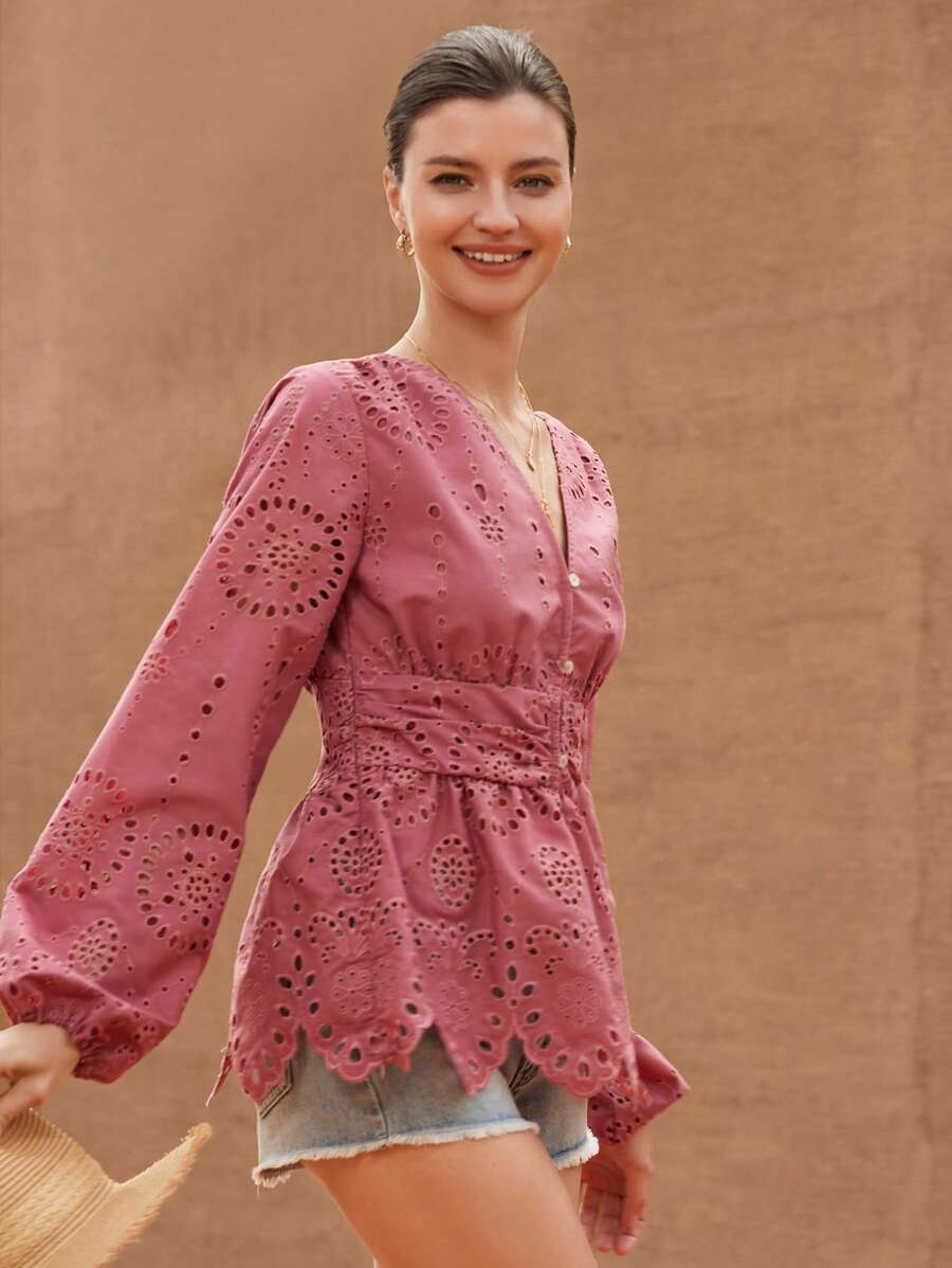 BELROSIE Camisa de estilo bohemio y de moda con cuello en V de unicolor, mangas con volantes bordados, cintura recogida para primavera y otoño - Rosa vieja - Ver 1