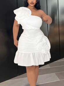 Plus Size Women's Elegant Sleeveless One Shoulder Ruffle Patchwork Textured Mini Dress, Suitable For Party, Date, Valentine's Day, Vacation - White - View 7