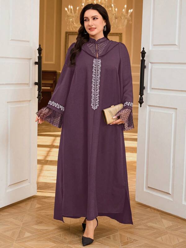 Al Najma Robe élégante à style arabe avec insert en maille brodée de fleurs pour femmes grandes tailles, modeste