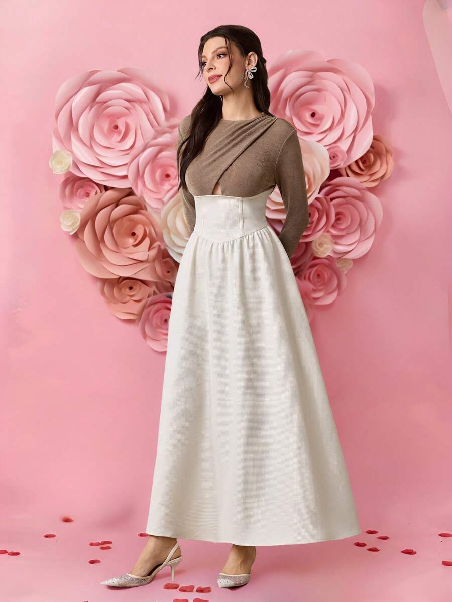 Modelyn Women's  Elegant Party Patchwork Color Cross Fit Long Sleeve Dress, Spring, Valentine's Day  Old Money  Festival   Modest   Sundress