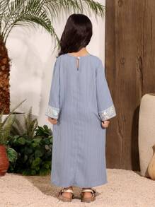 Young Girls Floral Print Light Blue Dress, Textured Fabric, Elegant And Adorable Design For Little Girls - Blue - View 2