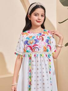 SHEIN Tween Girl Casual Holiday Loose A-Line Colorful Floral Retro Print Long Tassel Decorated Short Sleeve Woven Retro Printed Dress - Beige - View 4