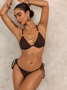 SHEIN Swim Women's Elegant Vacation Metal Decor Push-Up Underwire Swimwear Set