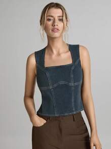 Easelle Women Square Neck Sleeveless Simple Fitted Denim Blouse, Casual Everyday Wear 2025 Summer Cowgirl Vintage - Blue - View 5