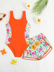 Tween Girls Floral Print Splicing One-Piece Swimsuit With Board Shorts For Beach Vacation - Orange - View 2
