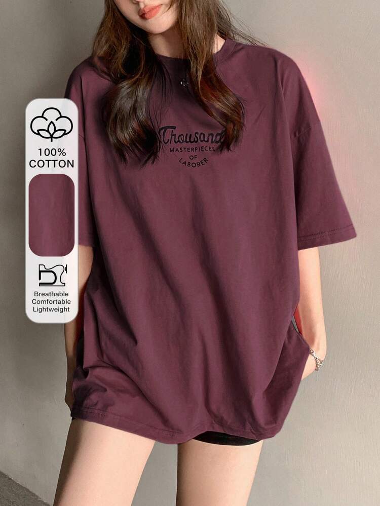 Women's Drop Shoulder Fit Slogan Printed T-Shirt Summer Oversized T-Shirt