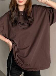 DAZY Koszulka z nadrukiem i opadającymi ramionami, oversize, letnia, elegancka - Kawowy brązowy - Zobacz 4