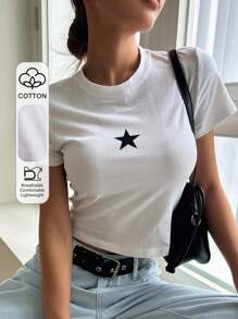 DAZY 星形印花圆领T恤 Y2K，女款短款上衣 - 白色 - 查看 8