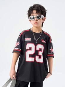 SHEIN Teenager Spring/Summer Round Neck Short Sleeve Casual Jersey Boys Casual Stylish Hiphop Streetwear City Name, Number 23, Star, Fashion Slogan, Shield Logo Printed Short Sleeve Crew Neck T-Shirt, Suitable For Summer