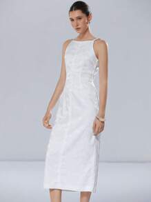 Aveloria Modichic White Feather Jacquard Textured Satin Fabric Women Elegant Romantic Minimalist Luxury Sleeveless Spaghetti Strap Dress, Suitable For Wedding Season