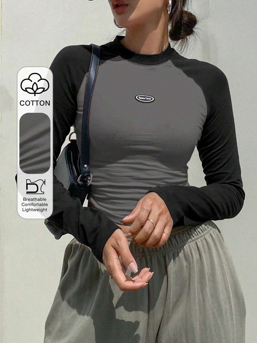 DAZY Koszulka z długim rękawem typu raglan i łatkami w blokach kolorów Y2k dla kobiet