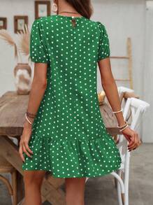 SHEIN LUNE 波尔卡圆点印花泡泡袖连衣裙，荷叶边下摆，适合新年衣服 - 綠色 - 查看 2