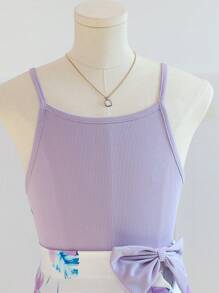 SHEIN 2pcs Tween Girl Floral Print Spaghetti Strap Top And Ruffle Hem Bowknot Skirt Set, Purple - Yellow - View 4