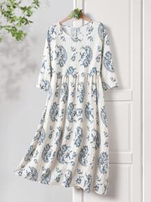 Rusticease 女士植物印花 3/4 袖休闲长款度假连衣裙