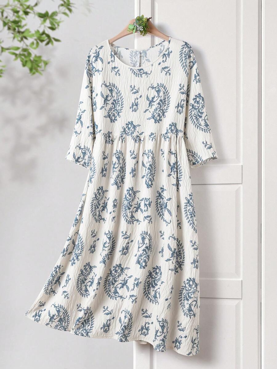 Rusticease 女士植物印花 3/4 袖休闲长款度假连衣裙