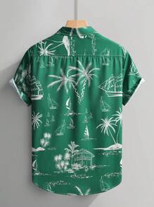 Manfinity RSRT Men's Palm Tree Print Single-Breasted Casual Short Sleeve Shirt - Dark Green - View 2
