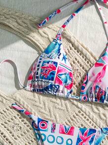 Swim Mod 2pcs/Set Women Springbreak Printed Spaghetti Strap Top And Thong Bikini Swimwear Set, Cute Summer - Multicolor - View 3