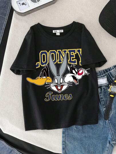 LOONEY TUNES X SHEIN 年轻男孩休闲圆领短袖T恤，舒适可爱卡通字母印花，适合夏季