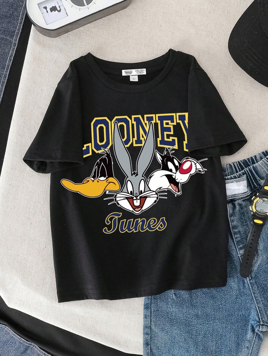 LOONEY TUNES X SHEIN 年轻男孩休闲圆领短袖T恤，舒适可爱卡通字母印花，适合夏季