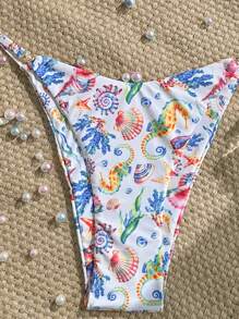 Swim Mod 2pcs/Set Summer Holiday Random Graphic Print Spaghetti Strap Bandeau Top And Bikini Bottom Sexy Women Swimwear - Multicolor - View 4