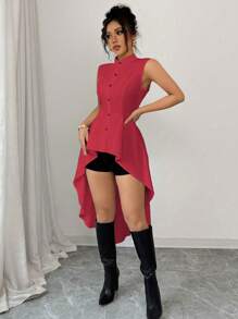 Selianne Blusa elegante de primavera/verano con cuello alto, sin mangas, cierre en la cintura y dobladillo largo con bajo asimétrico para ir a trabajar - Rojo - Ver 7