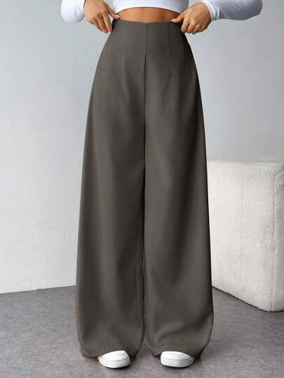 Firerie Pantalones de pierna ancha con textura de cintura alta, estilo minimalista casual y elegante, de vuelta al colegio, para mujeres