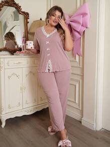 大码女式撞色蕾丝拼布罗纹短袖上衣和裤子睡衣套装 - 藕粉色 - 查看 1