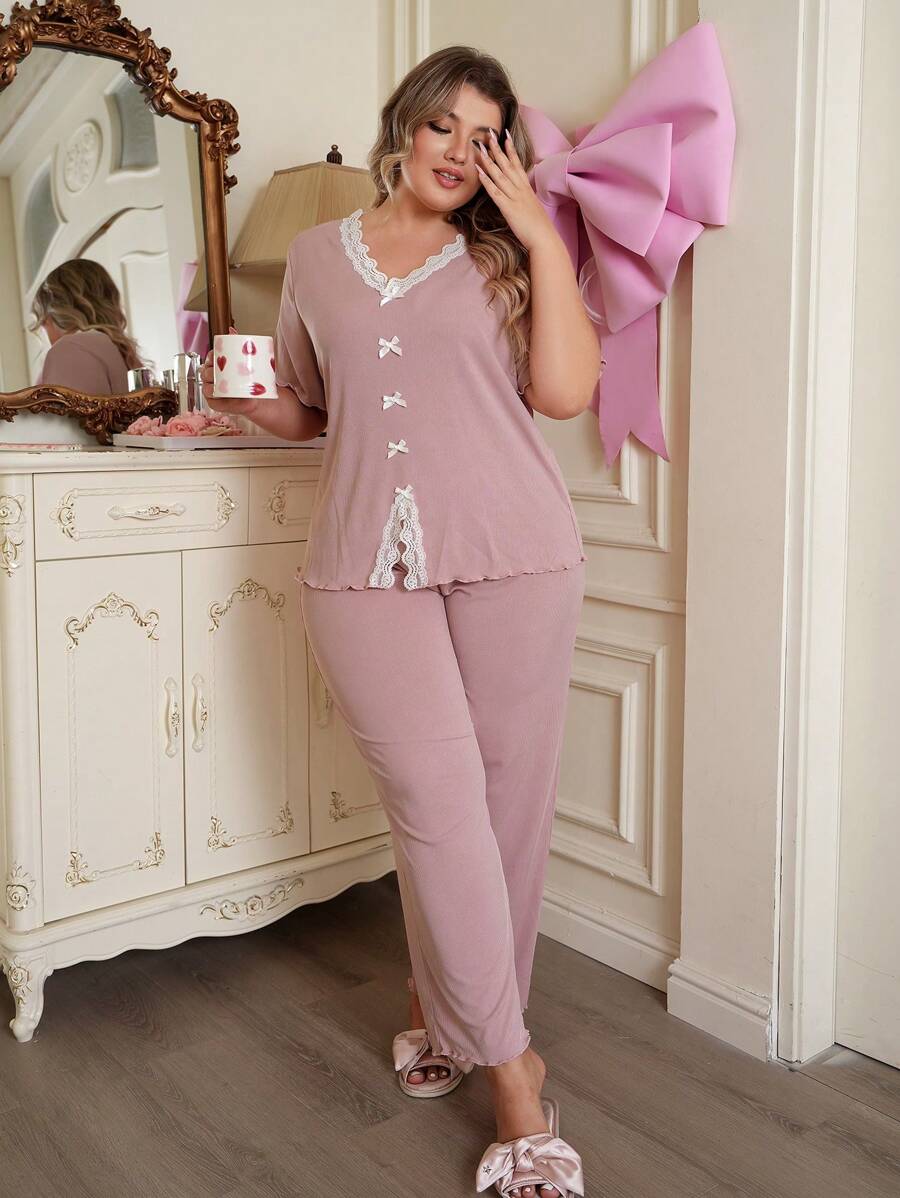 大码女式撞色蕾丝拼布罗纹短袖上衣和裤子睡衣套装 - 藕粉色 - 查看 1