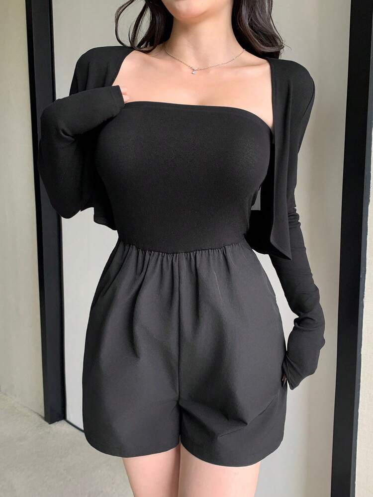 1 Set Solid Color Crop Jacket And Strapless Romper,Women Two Piece Sets