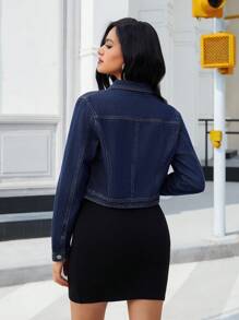 SHEIN Essnce 时尚休闲百搭修身女式牛仔夹克 - 深色水洗藍 - 查看 2