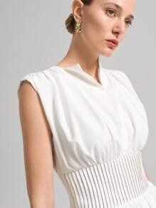 Ontre 2025 新款都市休闲风格白色无袖腰抽绳长裙，女式长裙，四季百搭，商务休闲办公装，低调优雅通勤机场时尚，优质材料 - 白色 - 查看 3