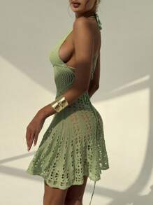 Aloruh 女士性感露背镂空迷你吊带针织连衣裙 - 綠色 - 查看 5