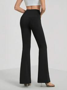 SHEIN Tall Women's Versatile Zipper Waist High Neck Slim Fit Bootleg Leggings, Black - Black - View 2