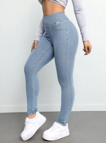 SHEIN ICON 女士牛仔裤 性感弹力裤 蓝色 女式高腰牛仔裤 牛仔裤 瑜伽裤 喇叭裤 保暖女式紧身裤 女式紧身裤 女式紧身裤 保暖女式紧身裤 女式紧身裤 女式高腰裤 - 淺色水洗藍 - 查看 3