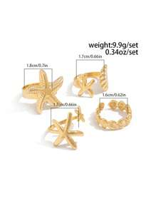 ROMWE Goth 4 pièces Bagues de mode style océan - Étoile de mer brillante, coquille, bagues en métal géométriques, bague ouverte. Cadeaux pour femmes, filles, épouses